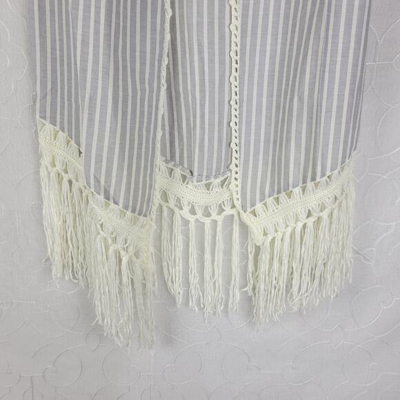Indigo Thread Co Vest XS Blue White Striped Duster Crochet Fringe Open Front - Picture 8 of 12